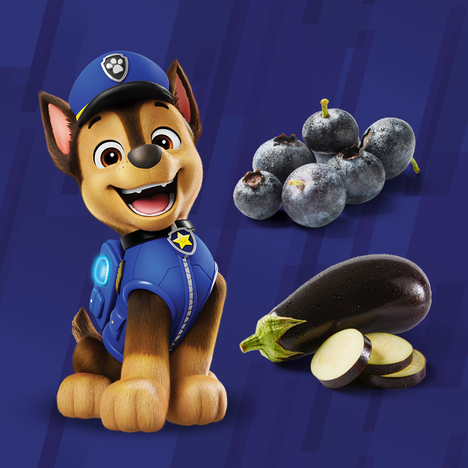 Câine de desene animate în uniformă de poliție, afine și vinete pe fundal albastru.