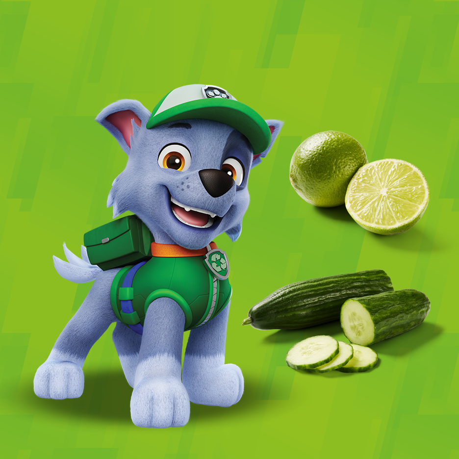 Câine de desene animate cu lămâi verzi și castraveți pe un fundal verde.