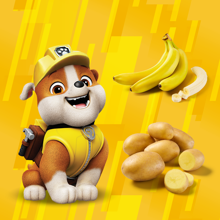 Cățeluș de desene animate cu banane și cartofi pe fundal galben.