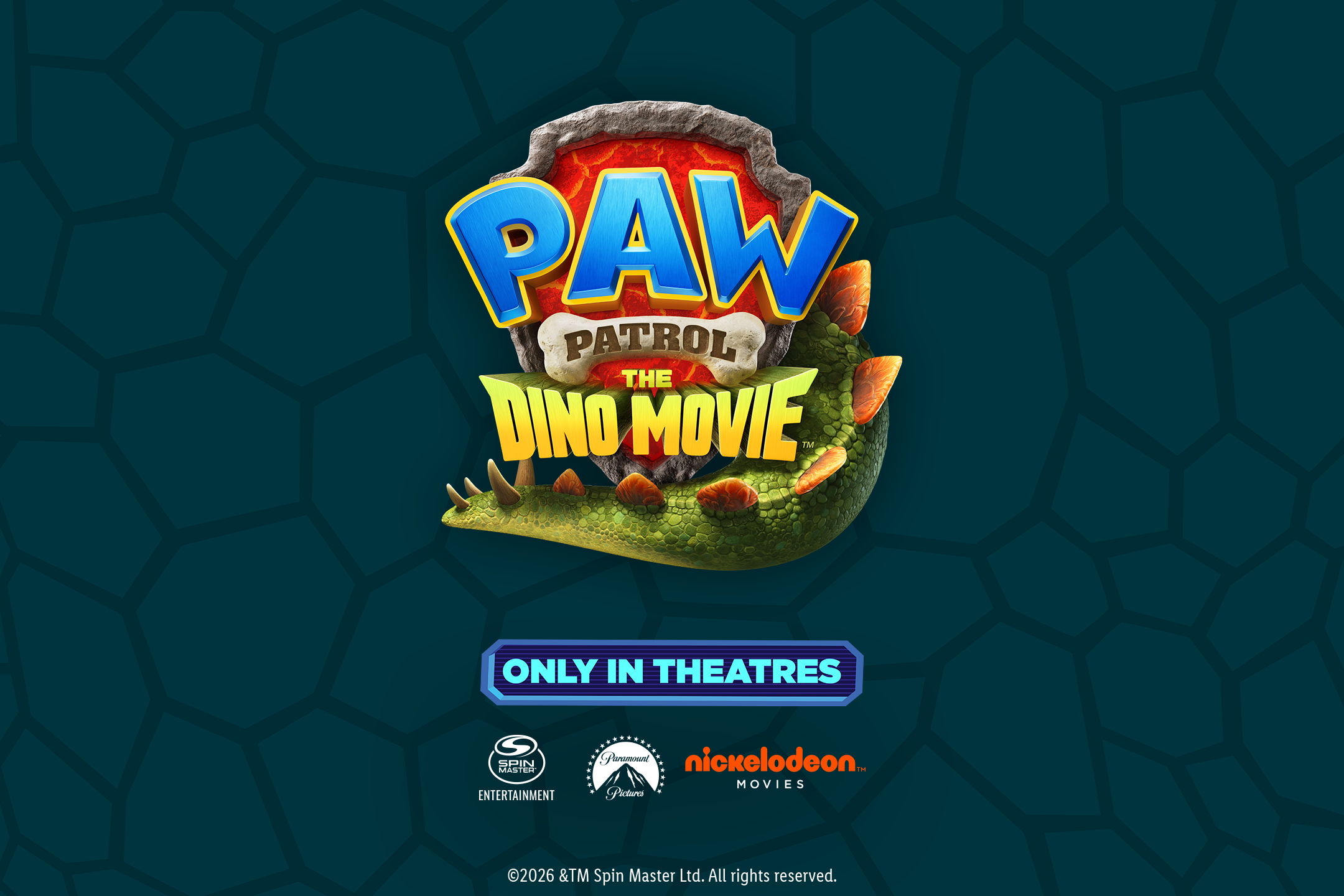 Afiș PAW Patrol The Dino Movie cu tematică dinozauri și textul „DOAR ÎN CINEMATOGRAFE”.