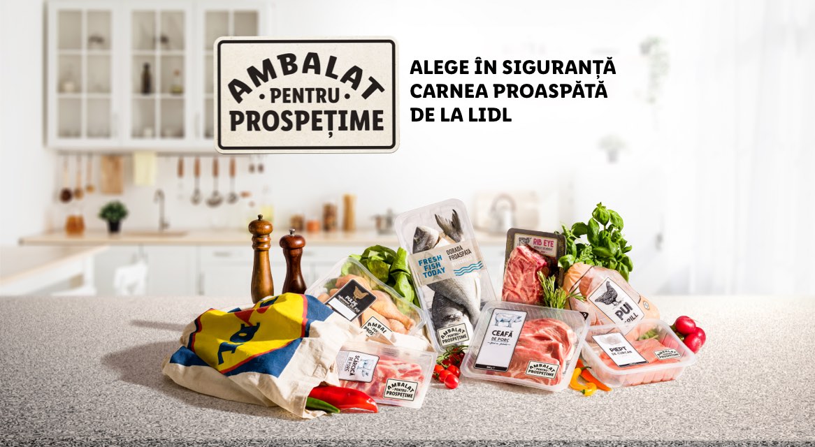 Lidl: Pește proaspăt, vită și porc în ambalaje.