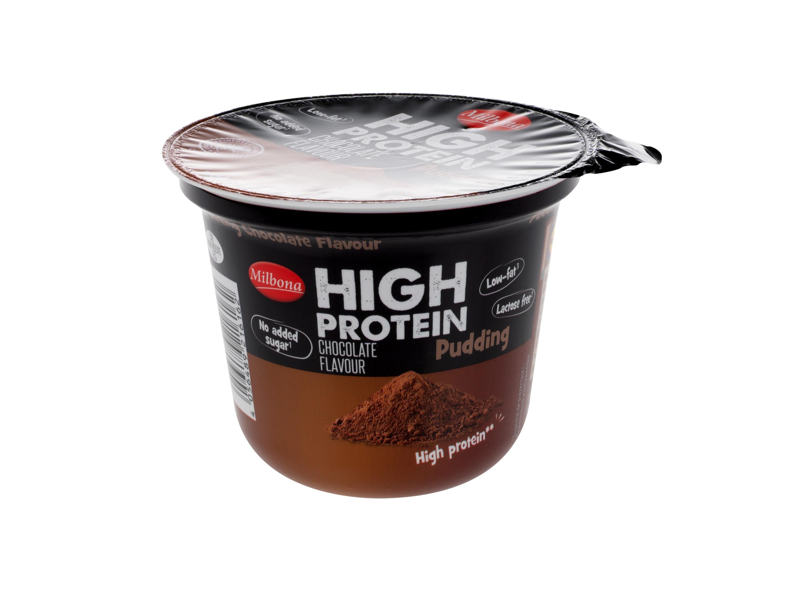Pudding de ciocolată cu conținut ridicat de proteine, fără lactoză, cu conținut scăzut de grăsimi și fără zahăr adăugat.