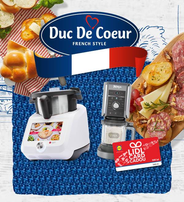 Prmiile concursului Duc De Coeur: robotul de bucătărie Monsieur Cuisine, aparatul de înghețată Ninja și vocherul Lidl de 300 lei, pe un fundal cu tematică franceză.