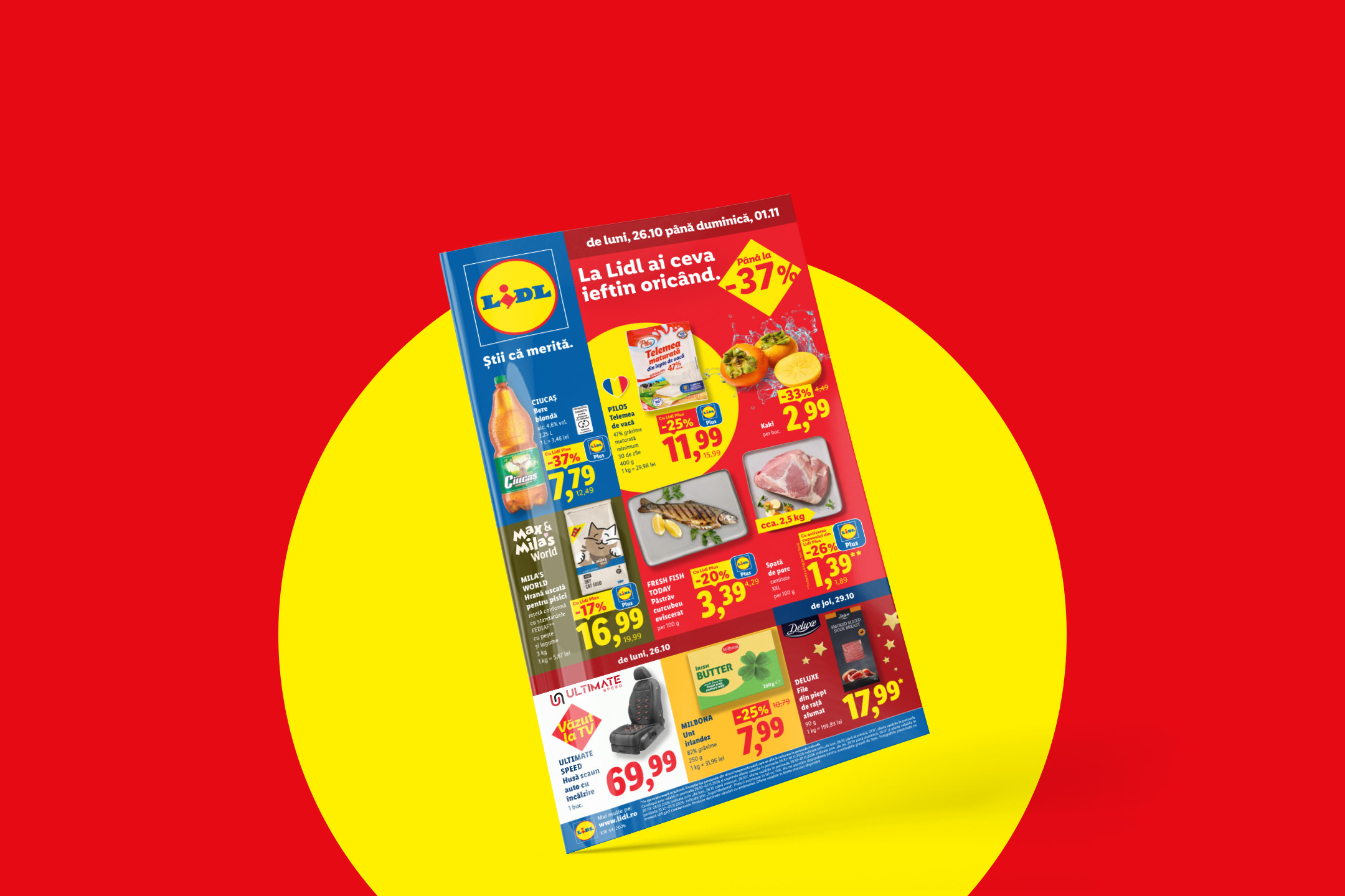Pliant cu oferte promoționale la diverse produse alimentare și accesorii auto.