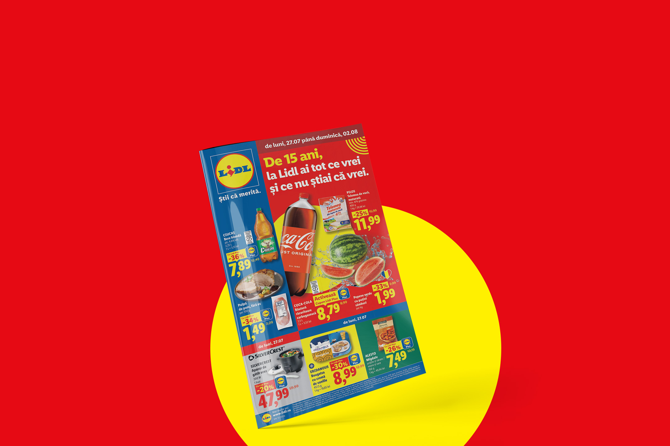 Catalog Lidl cu oferte la băuturi răcoritoare, pepene verde, brânză, carne de porc și electrocasnice.