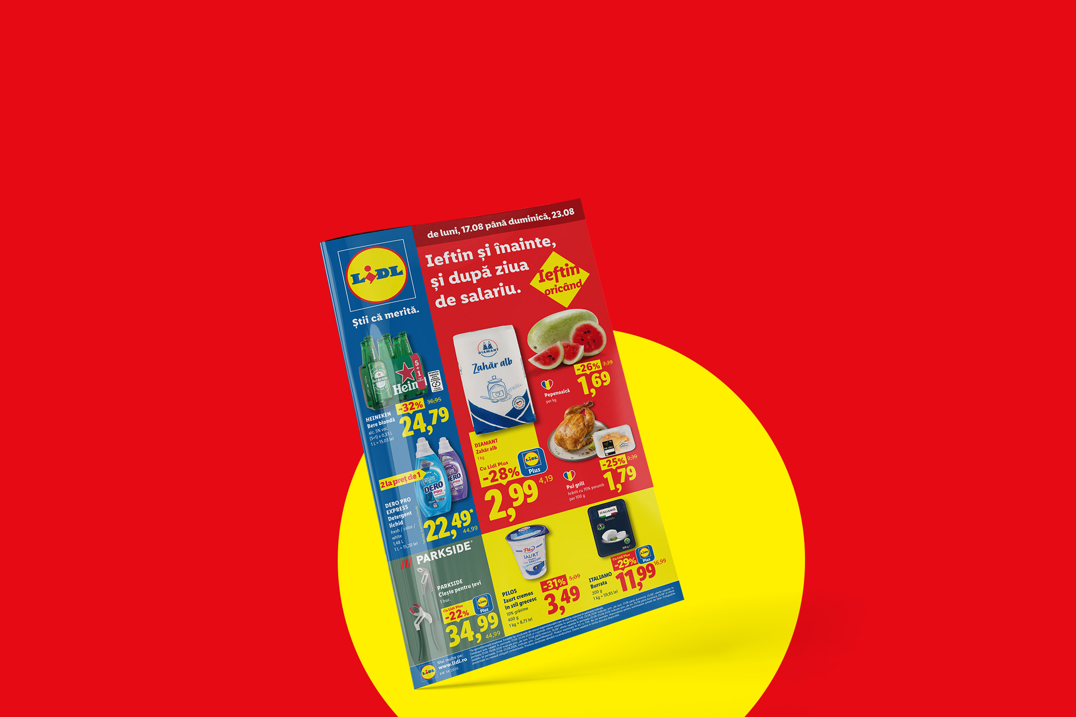 Pliant Lidl cu oferte la bere, zahăr, pui grill, iaurt și scule, pe un fundal roșu și galben.