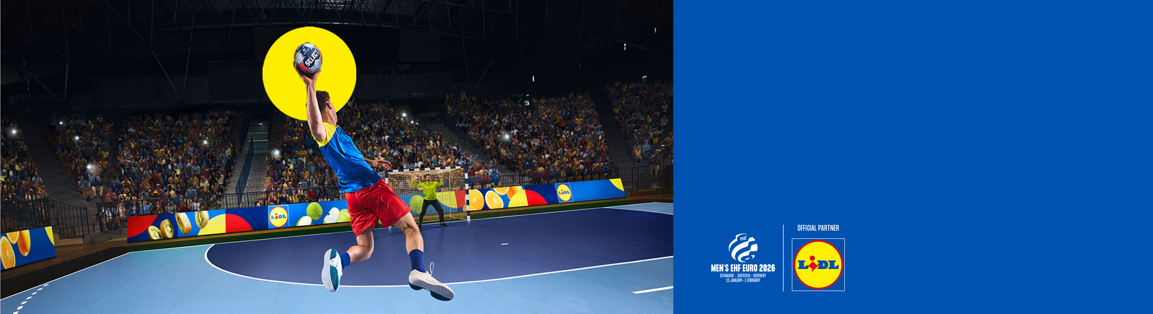 Jucător de handbal sărind cu mingea, logo-uri Lidl și EHF EURO 2026.
