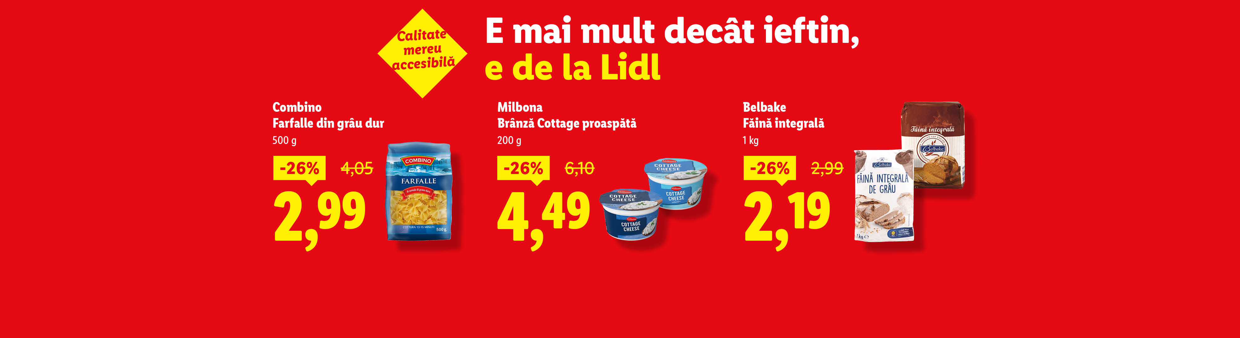Reclamă Lidl cu paste Combino și făină integrală Belbake, cu prețuri reduse.