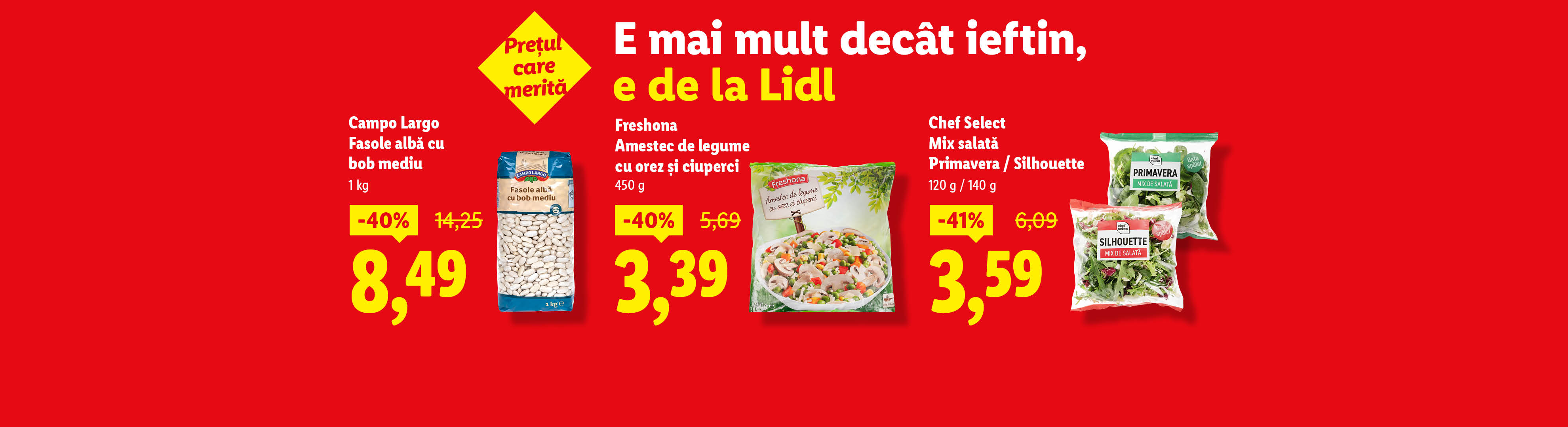 O reclamă Lidl cu fasole albă, amestec de legume cu orez și ciuperci, și mix de salată.