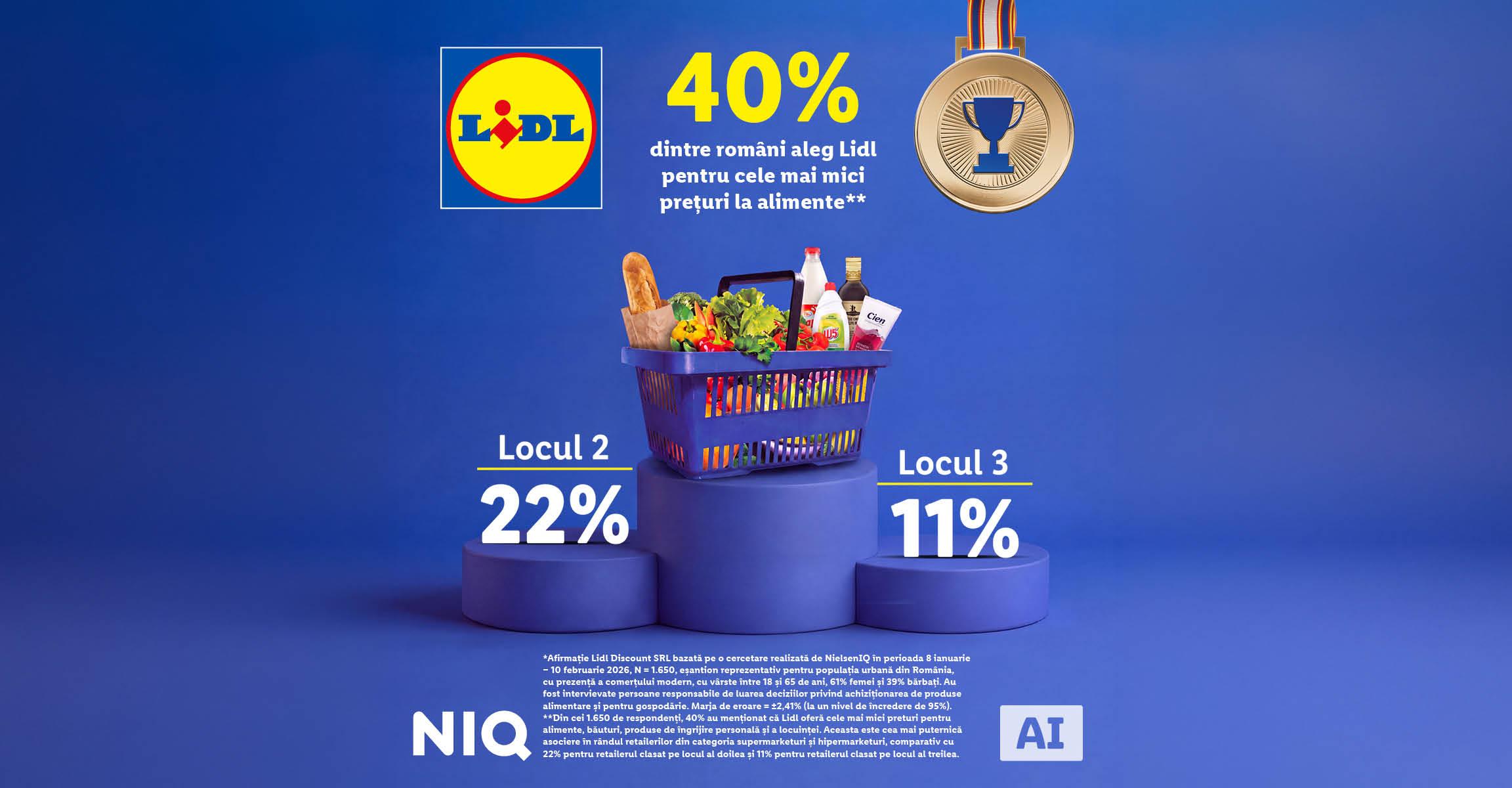 40% dintre români aleg Lidl pentru cele mai mici prețuri la alimente — Afirmație Lidl Discount SRL bazată pe o cercetare realizată de NielsenIQ în perioada 8 ianuarie – 10 februarie 2026.