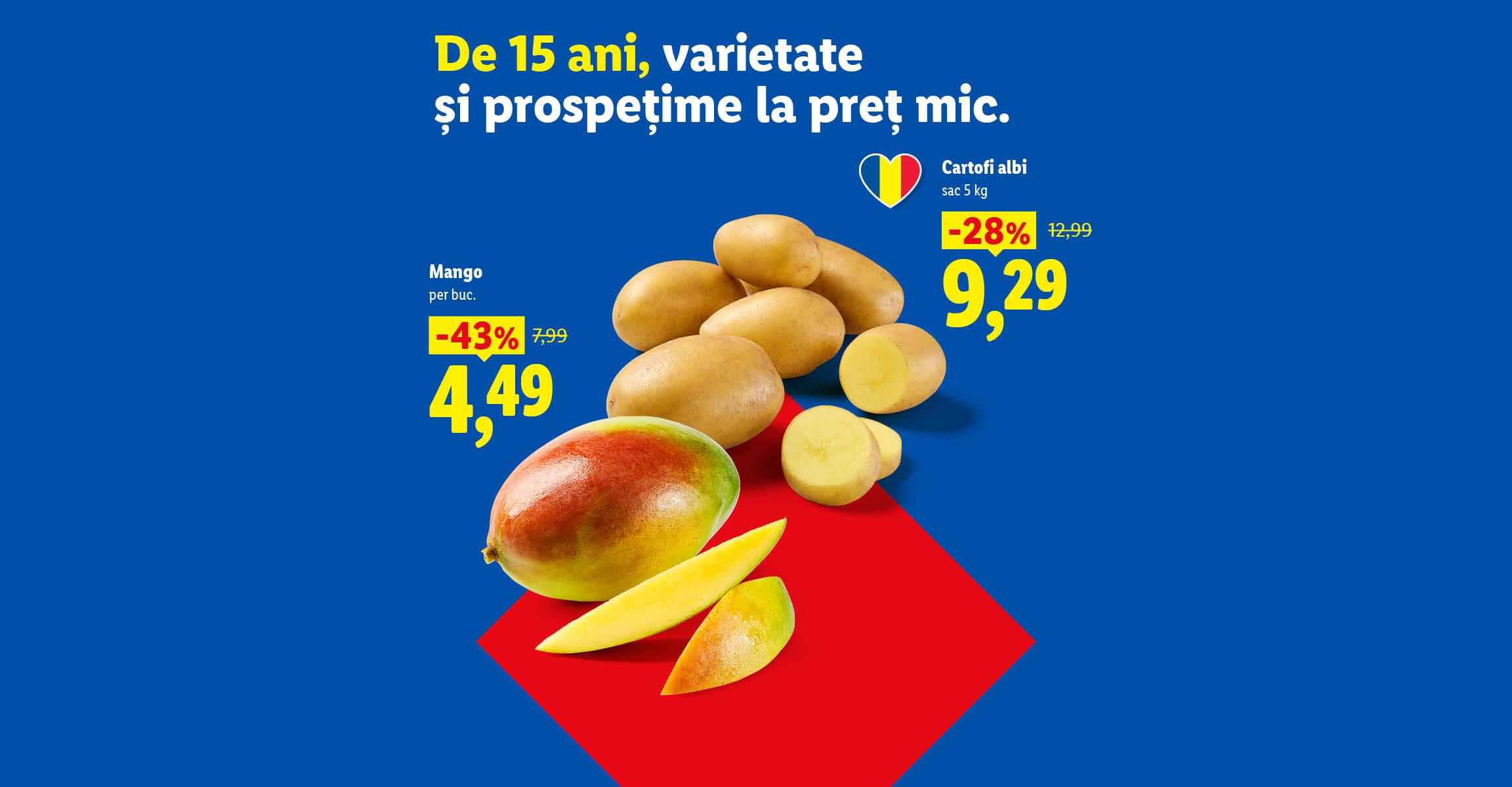 Ofertă promoțională la mango și cartofi albi pe fundal albastru cu detalii roșii.