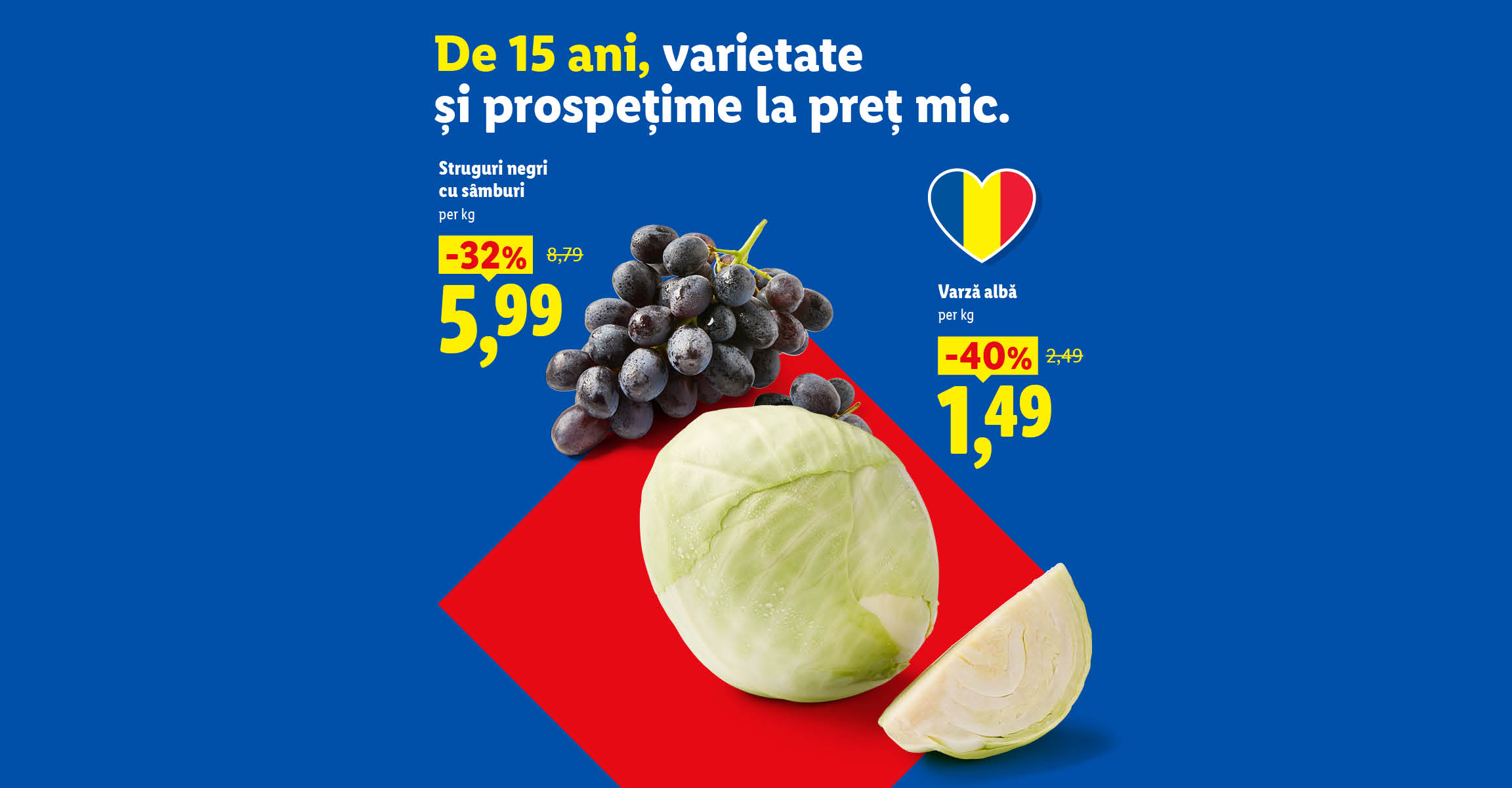 Ofertă promoțională la struguri negri cu sâmburi și varză albă, pe fundal albastru.