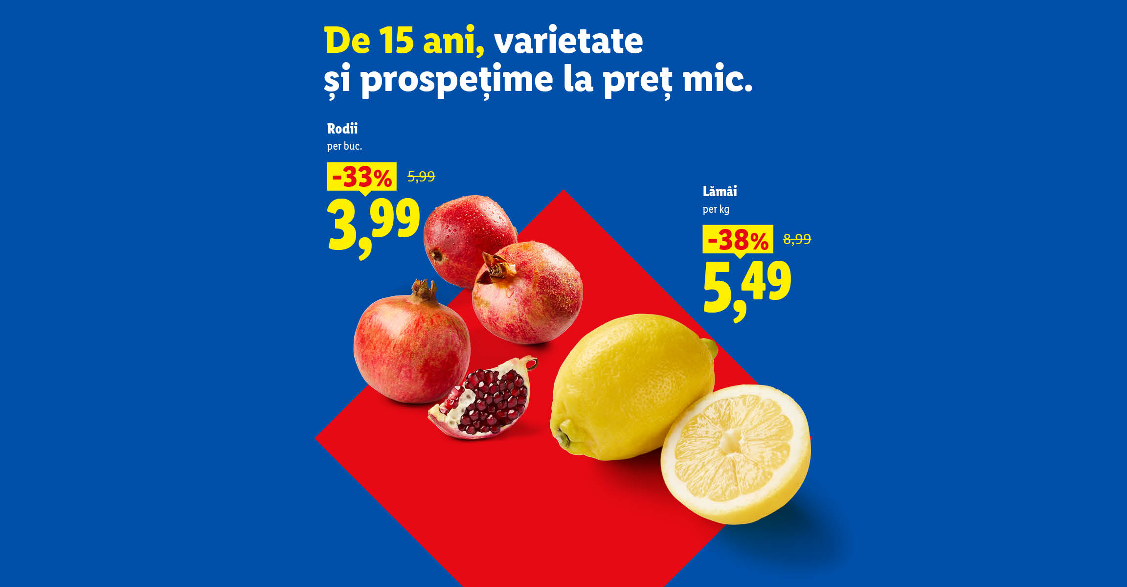 Ofertă promoțională la rodii și lămâi, cu reduceri de preț pe fundal albastru.