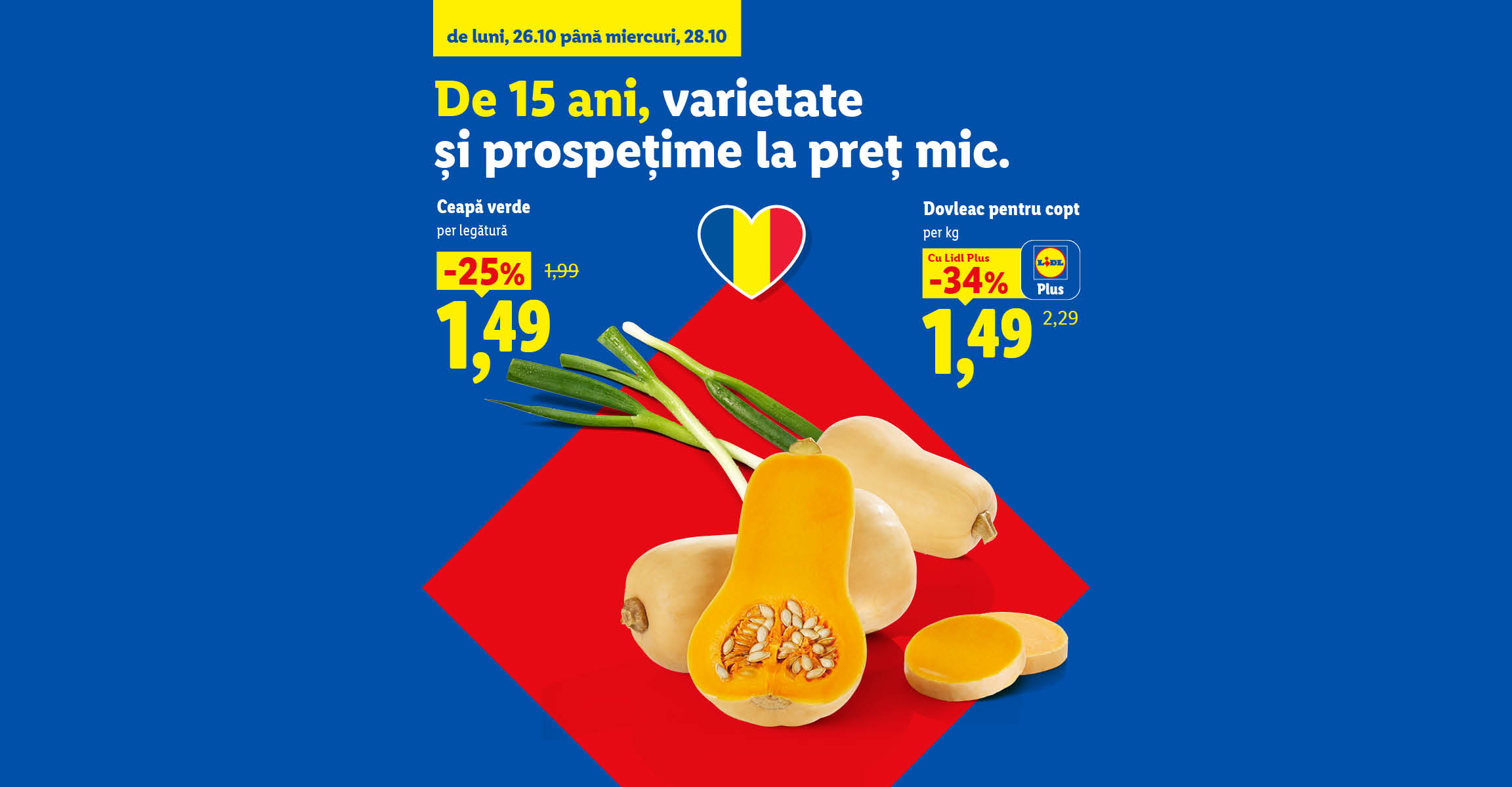 Ofertă la dovleac pentru copt și ceapă verde, valabilă de luni până miercuri.