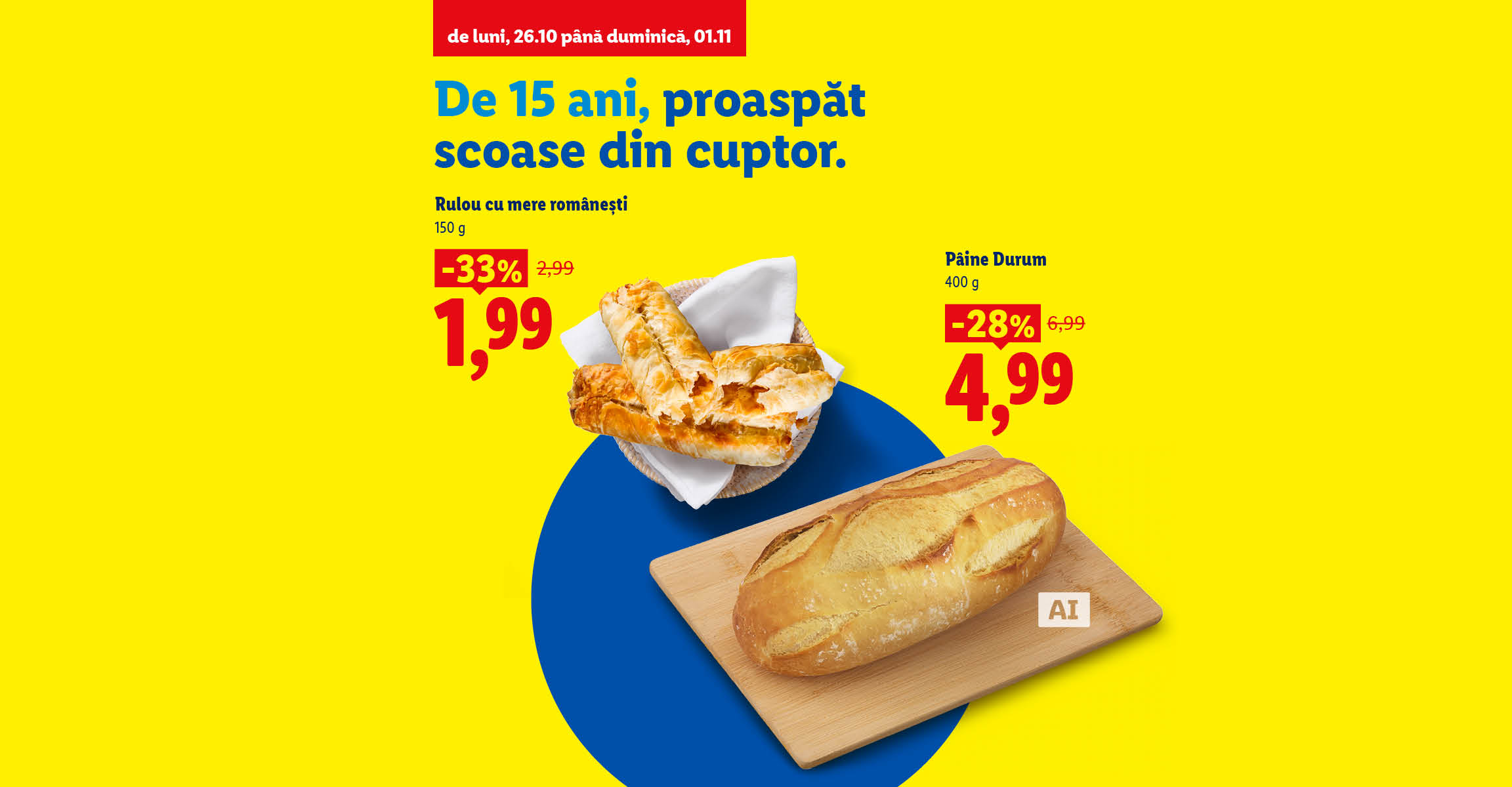Rulou cu mere românești și pâine Durum pe fundal galben cu oferte promoționale.