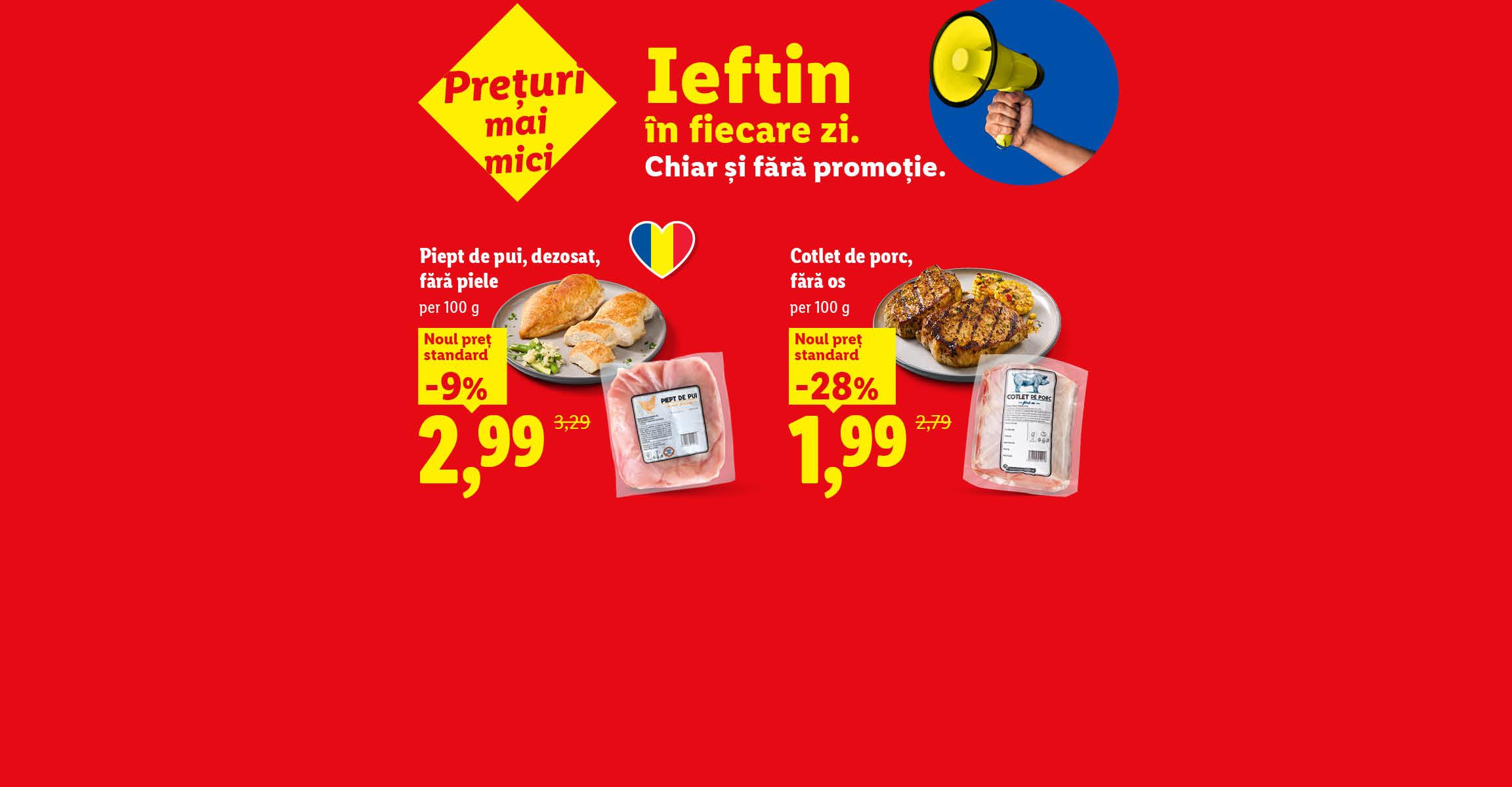 Ofertă promoțională la carne de pui și de porc, cu reduceri de preț per 100 g.