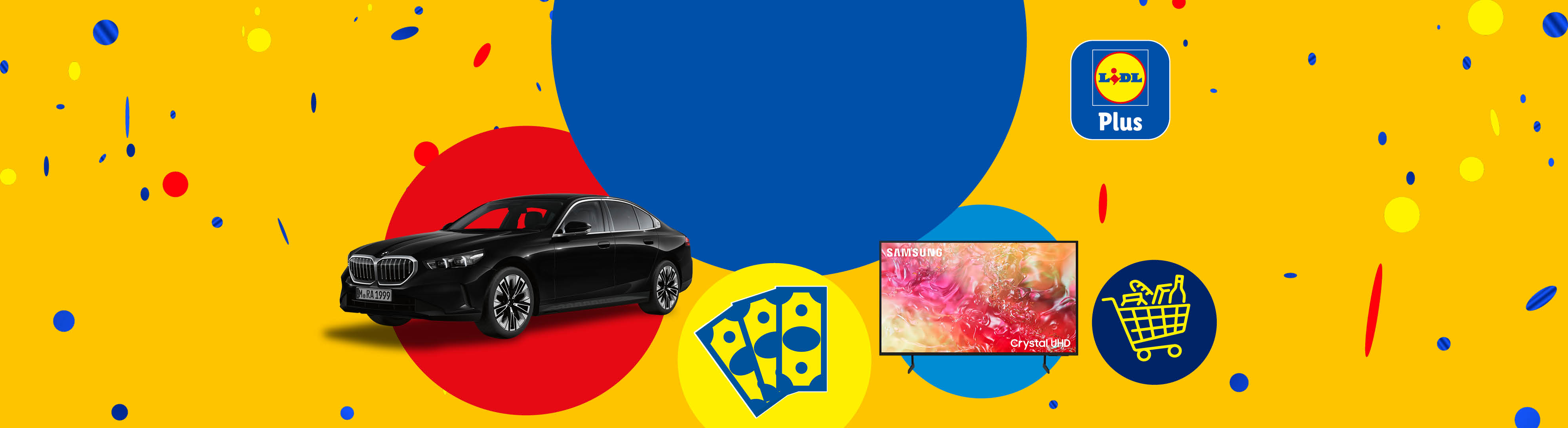 O mașină neagră, un televizor Samsung și un coș de cumpărături pe un fundal galben cu logo-ul Lidl Plus.