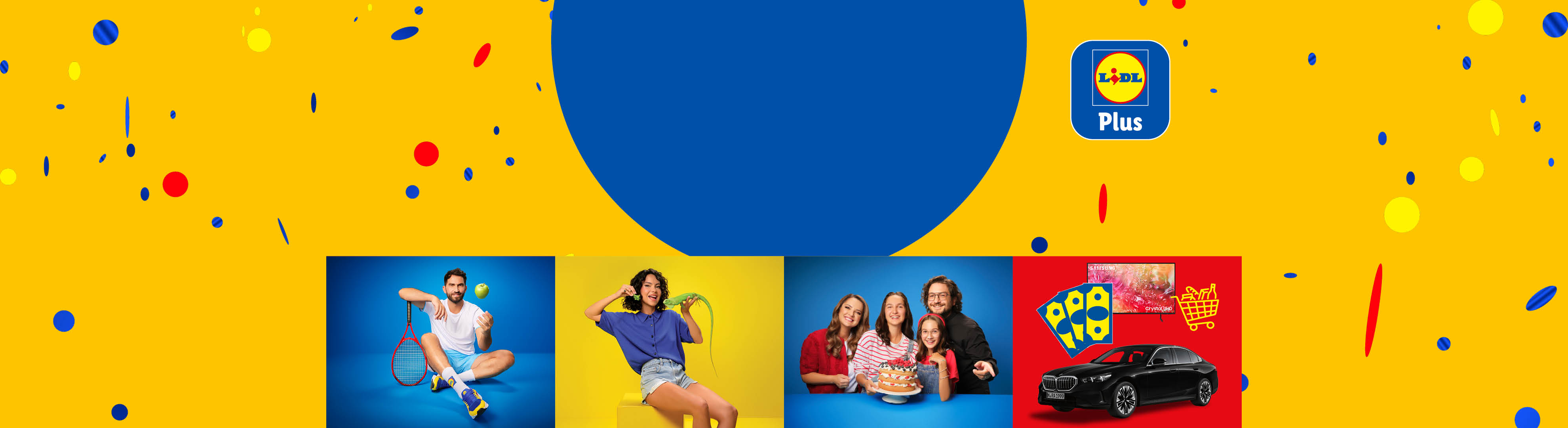 O reclamă Lidl Plus cu oameni fericiți, o mașină, un televizor și un coș de cumpărături.