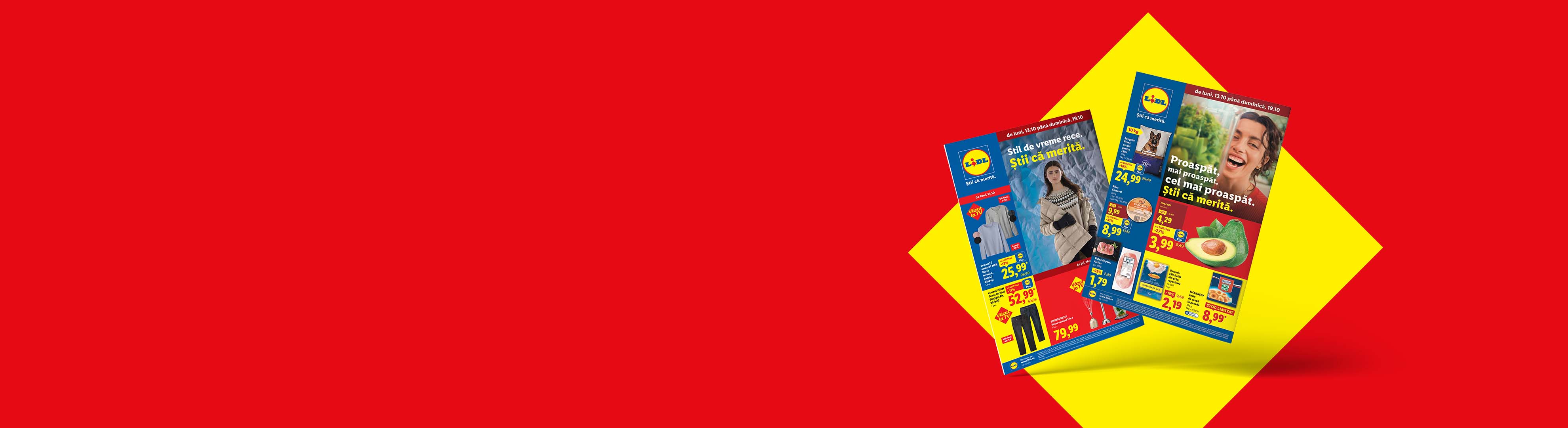 Două broșuri Lidl cu oferte la îmbrăcăminte de iarnă, alimente proaspete și produse pentru casă.