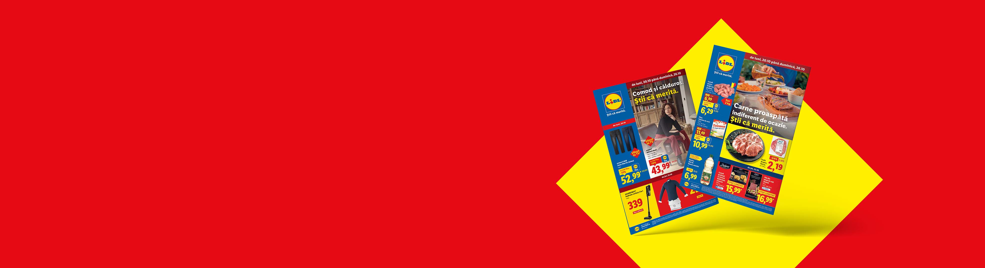 Două broșuri Lidl cu oferte la carne proaspătă, îmbrăcăminte și produse alimentare.