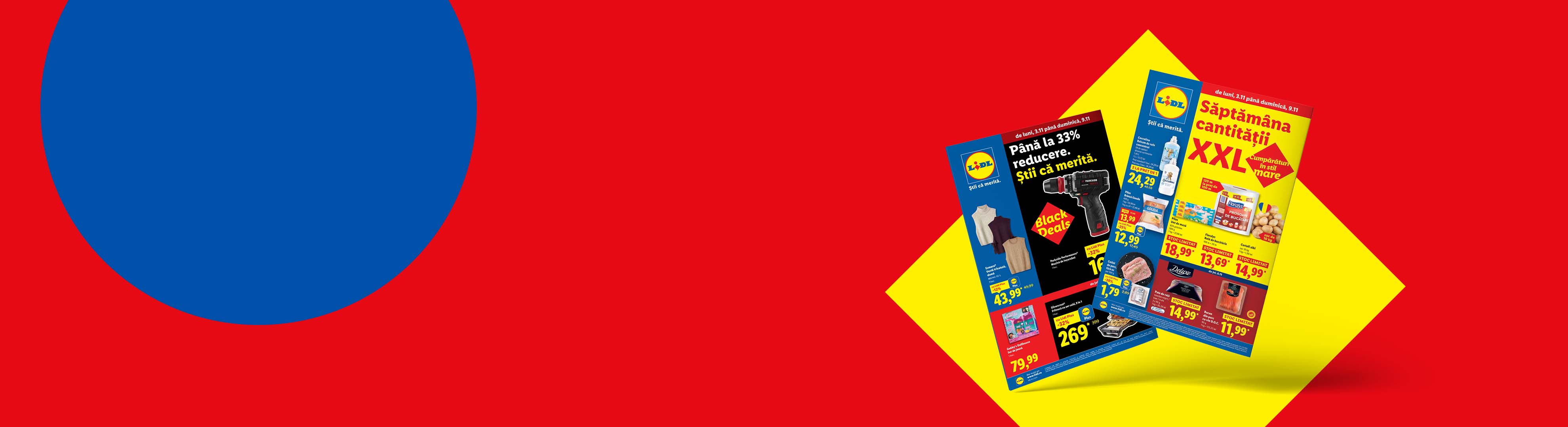 Pliante Lidl cu oferte la produse alimentare, unelte Black Deals și îmbrăcăminte.