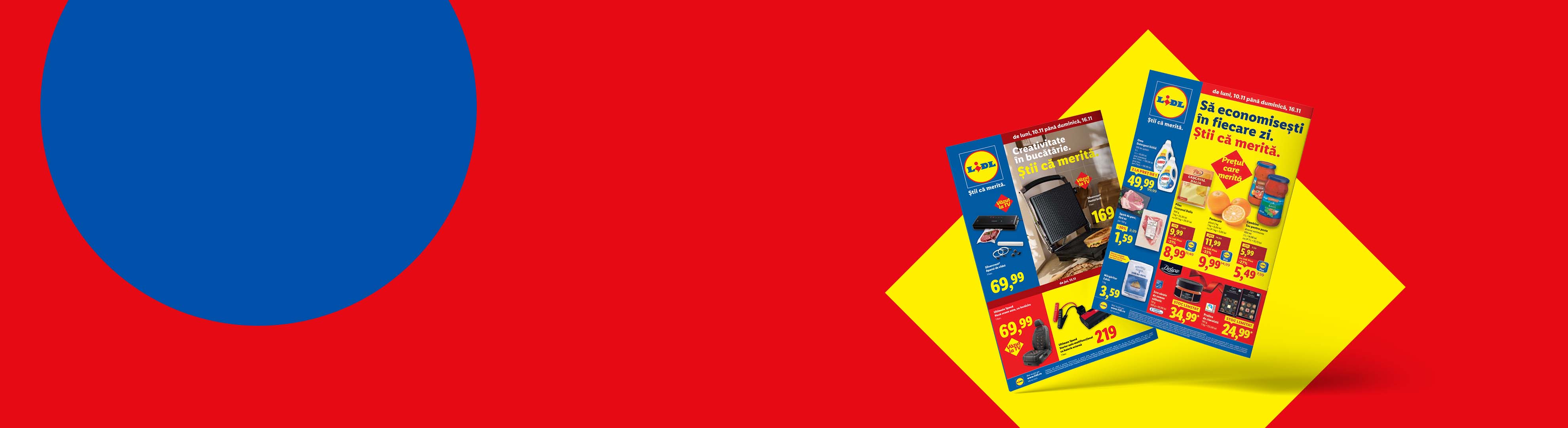 Pliante Lidl cu oferte la electrocasnice de bucătărie, alimente și produse de curățenie, pe fundal roșu și galben.