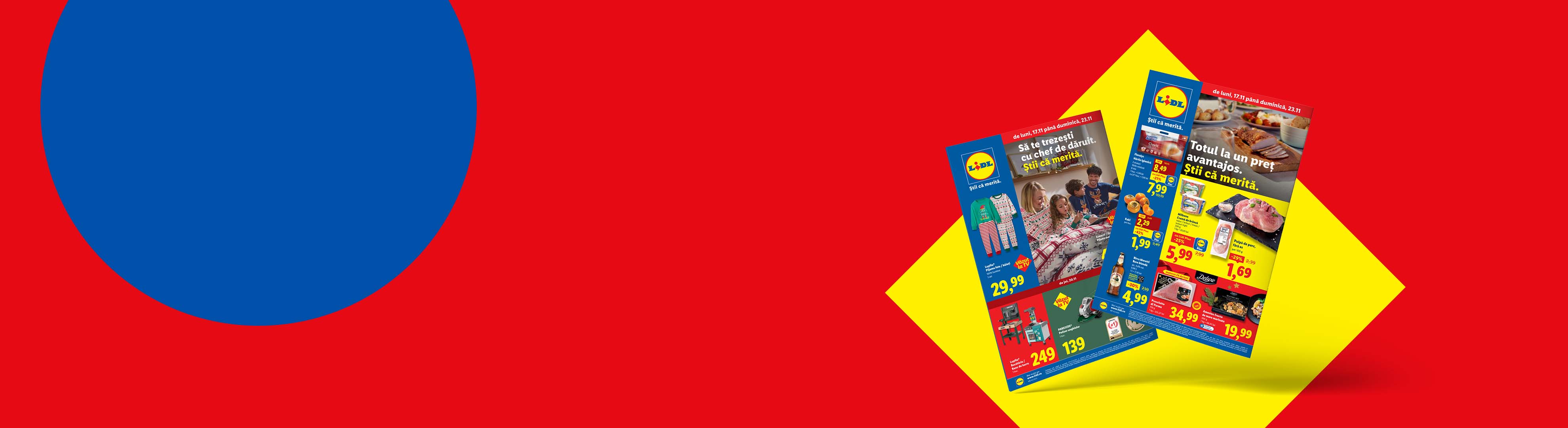 Două broșuri Lidl cu oferte la îmbrăcăminte de casă, carne, fructe și băuturi.