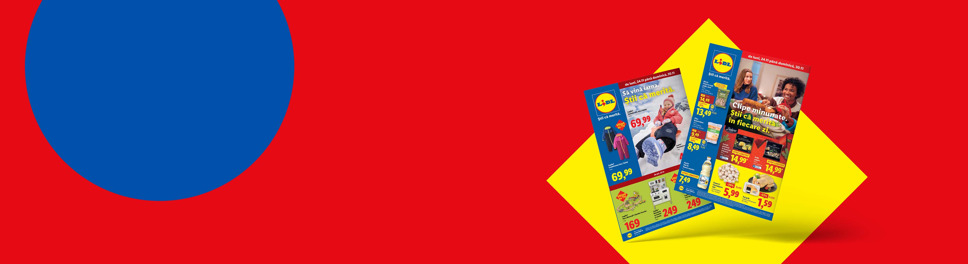 Două broșuri Lidl cu oferte la îmbrăcăminte de iarnă, alimente și jucării, pe un fundal roșu și galben.