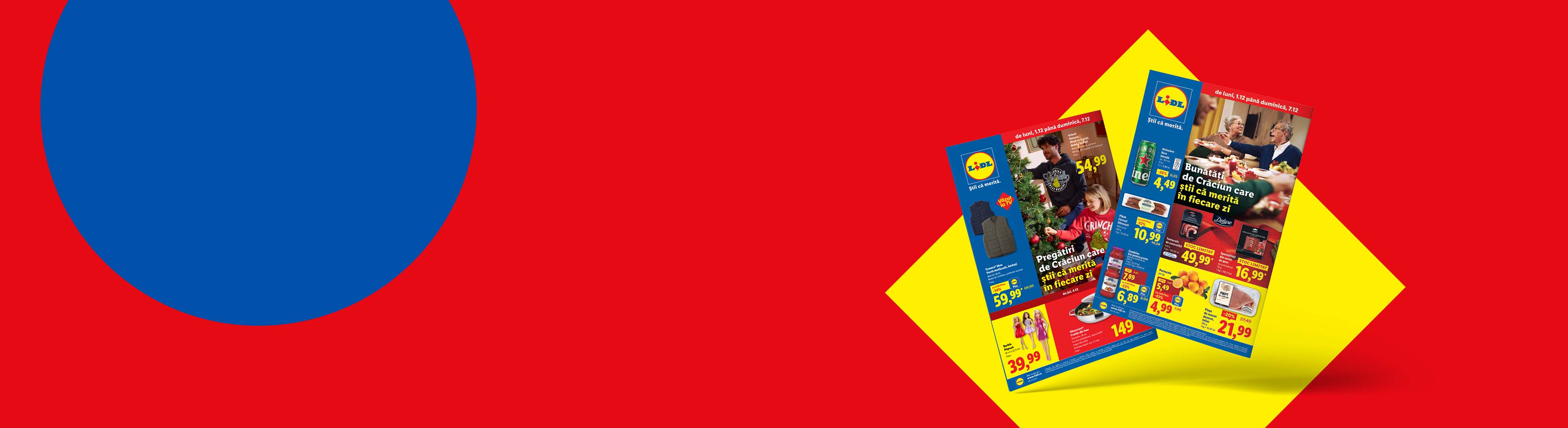 Pliante Lidl cu oferte de Crăciun, inclusiv produse alimentare și articole vestimentare.