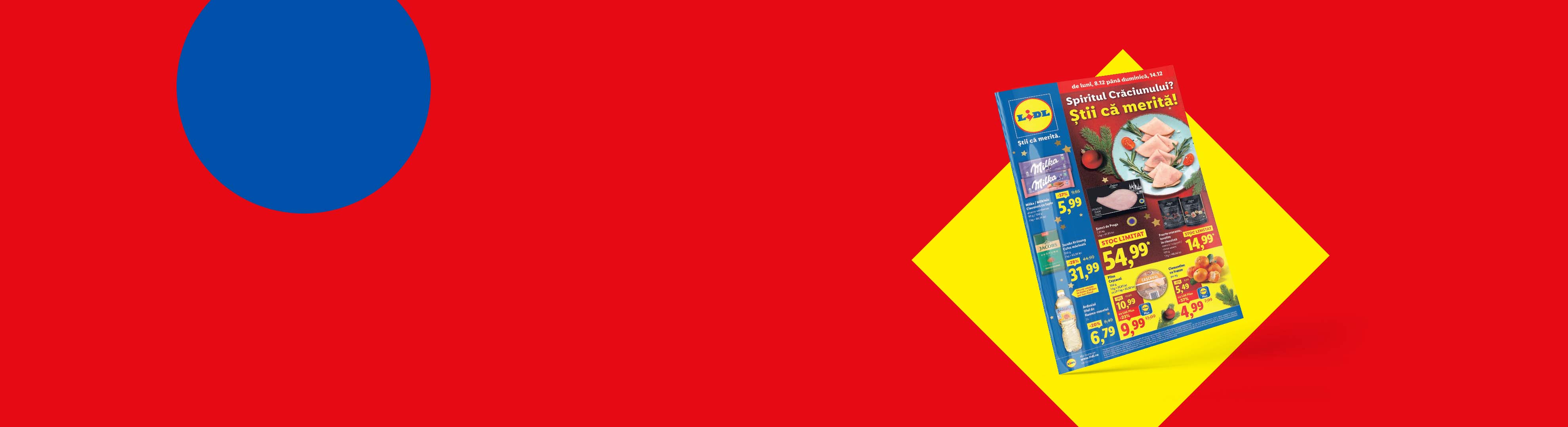 Pliant Lidl cu oferte de Crăciun, inclusiv Milka, Jacobs, șuncă, fructe confiate și cașcaval.