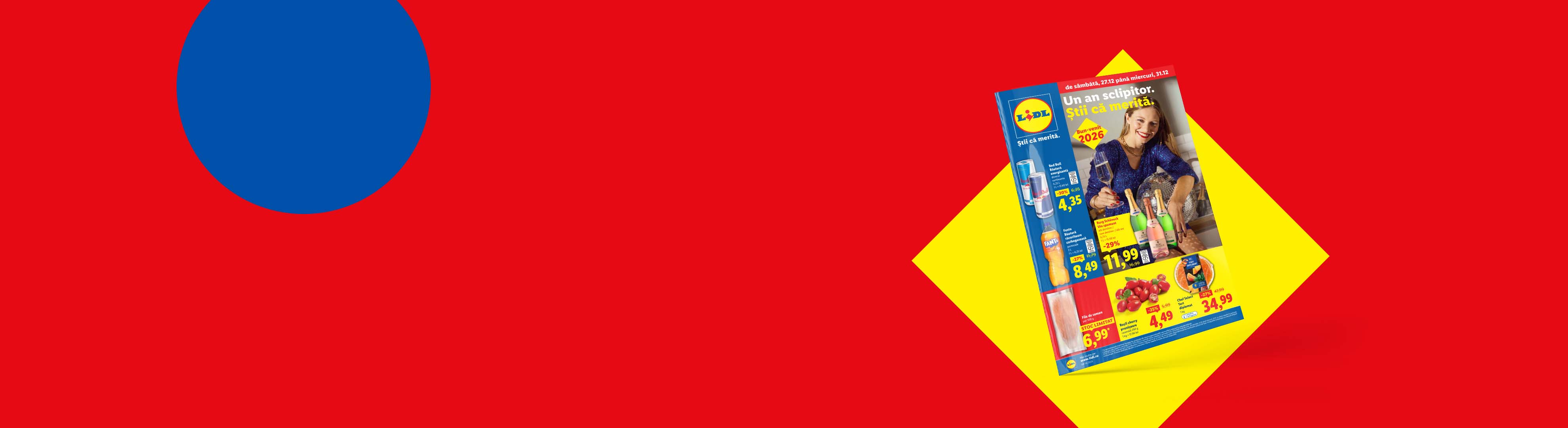 Pliant Lidl cu oferte de Anul Nou, șampanie, băuturi energizante și fructe.