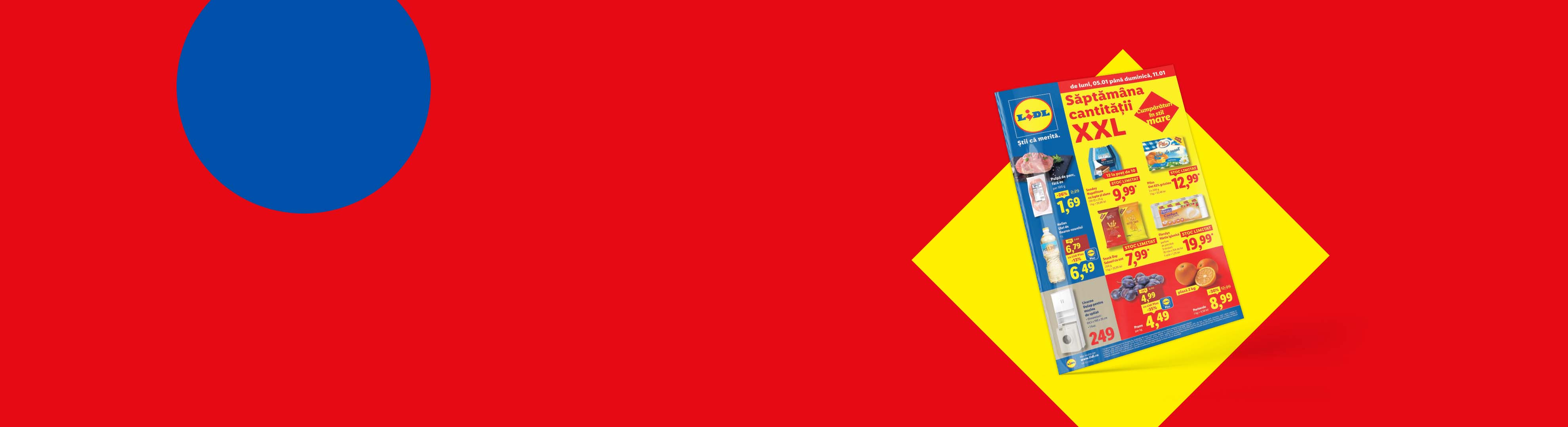 Pliant Lidl cu oferte la carne de porc, ulei, dulciuri, fructe și produse de curățenie.