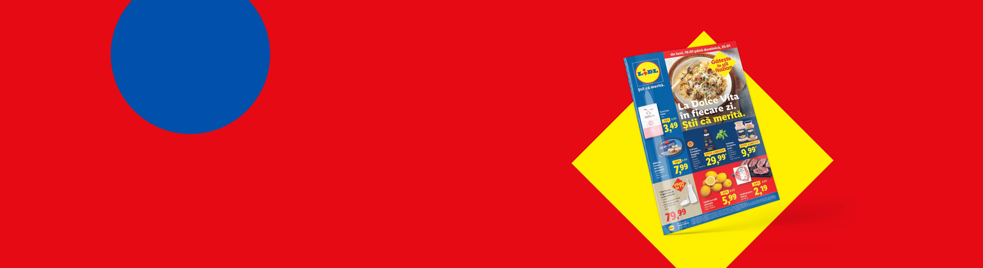 Pliant Lidl cu oferte la produse italienești, inclusiv brânză, ulei de măsline și lămâi.