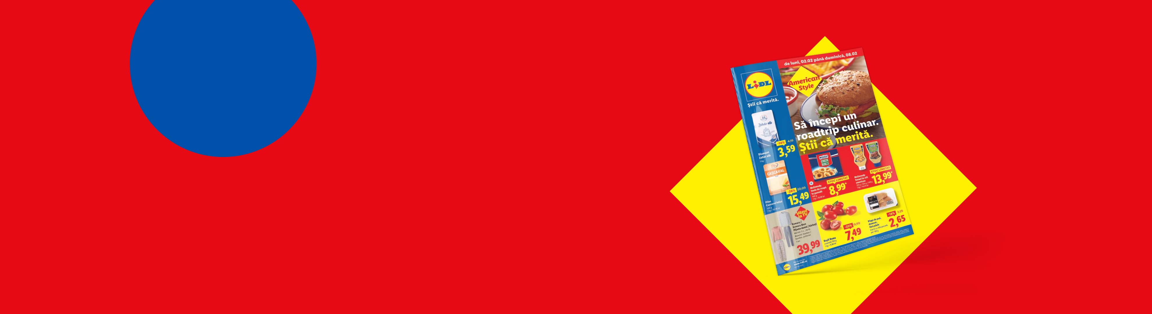 Pliant cu oferte la alimente, inclusiv burgeri, zahăr, cașcaval și roșii, pe un fundal roșu și galben.