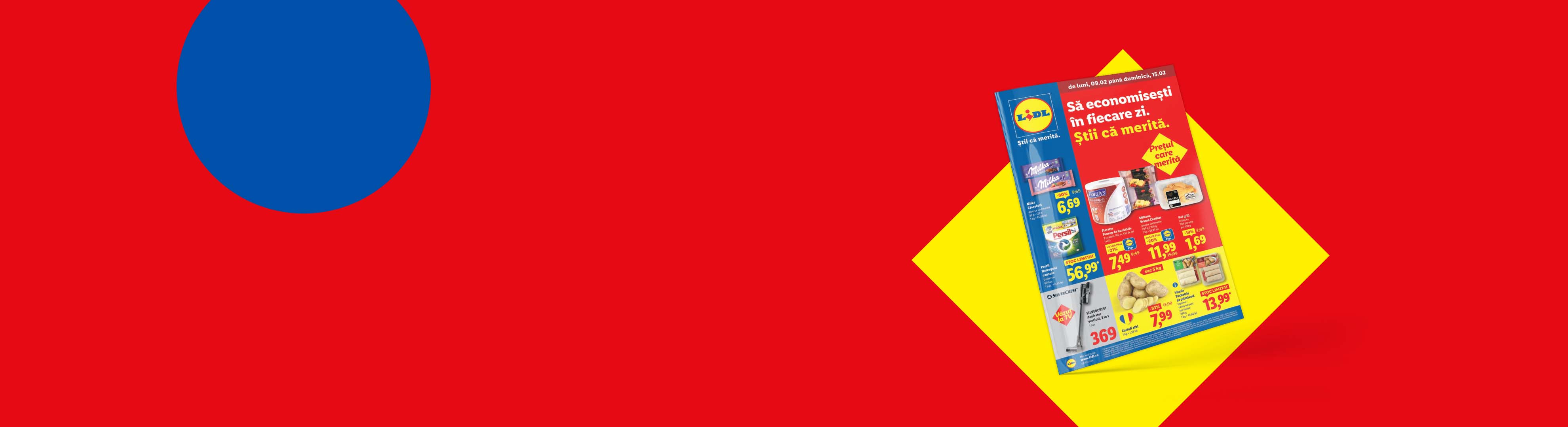 Pliant Lidl cu oferte la produse alimentare și de curățenie, pe un fundal roșu cu un cerc albastru.