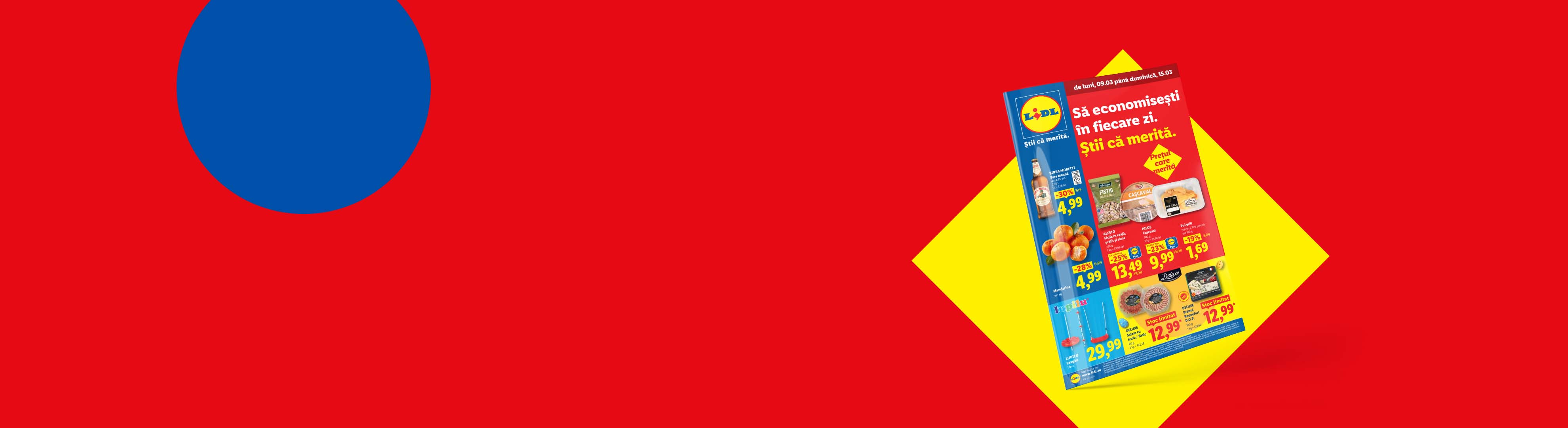 Pliant cu oferte la bere, mandarine, brânzeturi și alte produse alimentare.