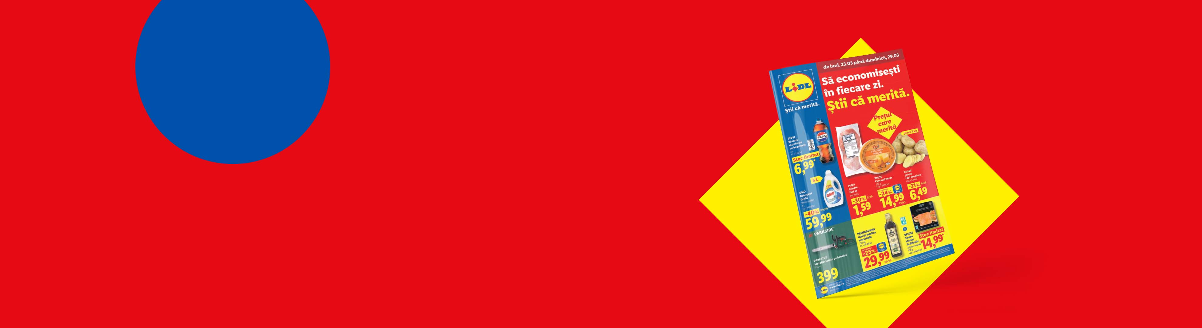 Pliant Lidl cu oferte la produse alimentare, băuturi și detergenți, pe un fundal roșu cu elemente albastre și galbene.