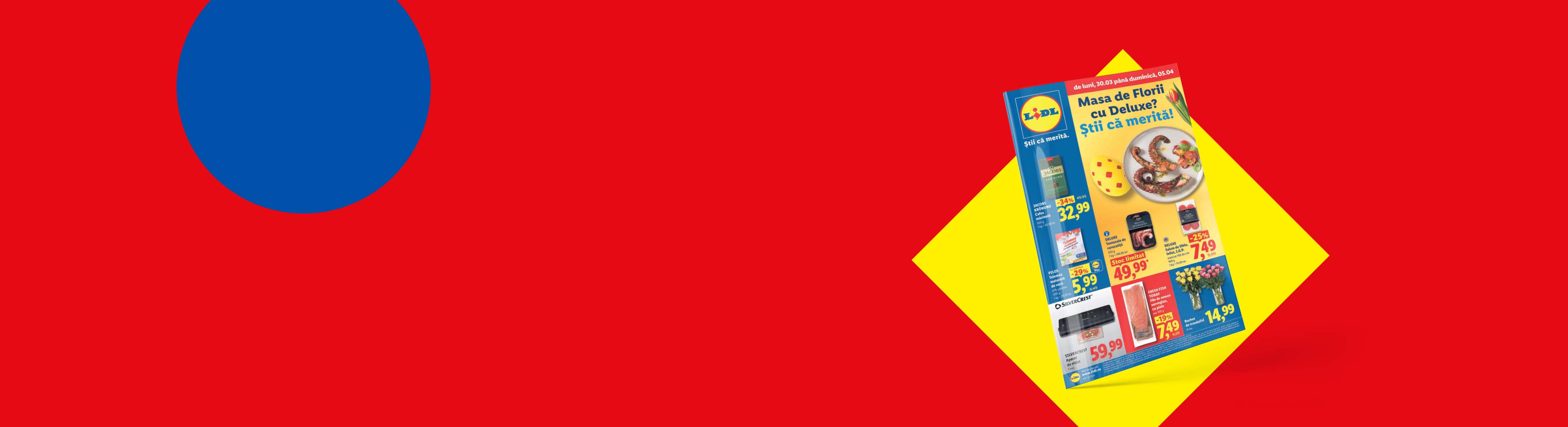 Pliant cu oferte la fructe de mare, cafea, brânză, pește și flori, pe un fundal roșu cu un cerc albastru și un romb galben.