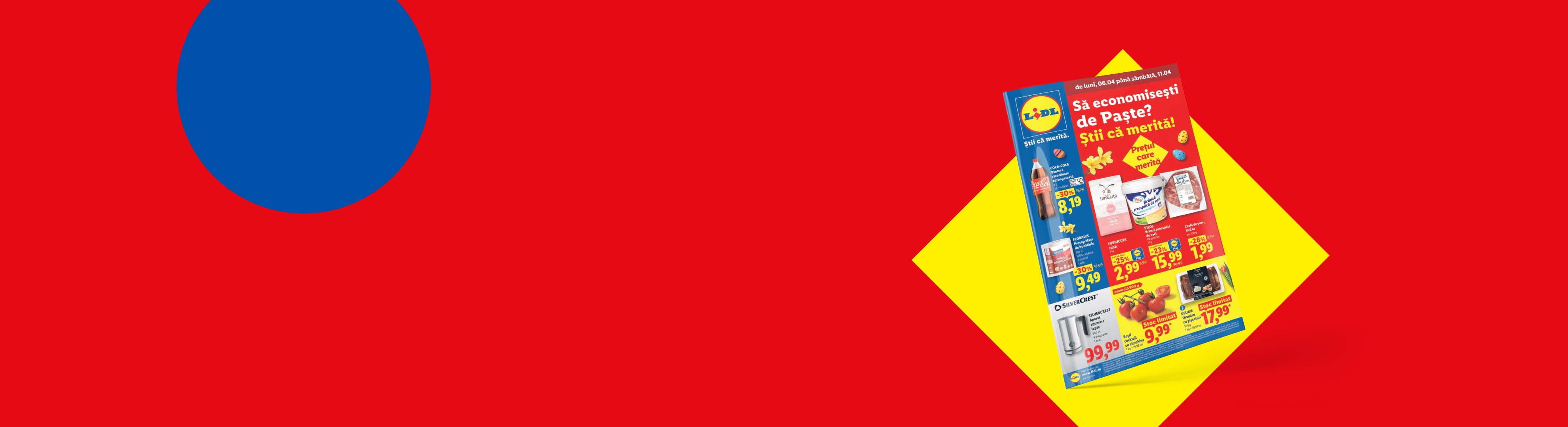 Catalog Lidl de Paște cu oferte la băuturi răcoritoare, zahăr, brânză, carne de porc și electrocasnice.