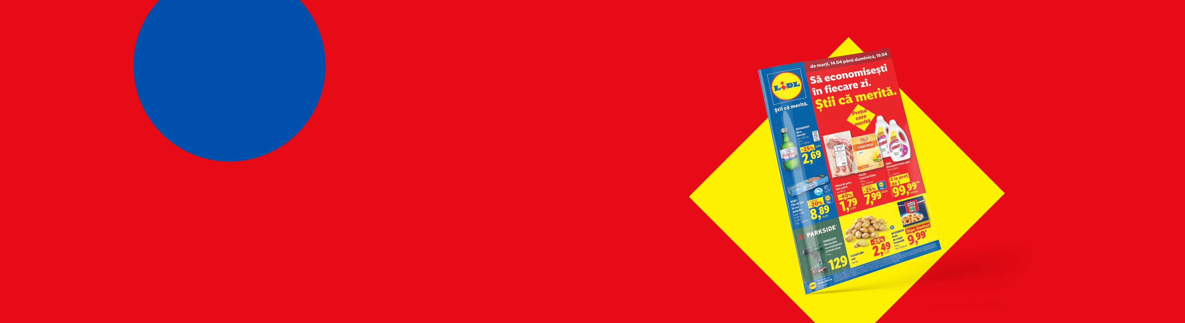 Catalog cu oferte la bere, carne, brânză, detergent, cartofi și unelte, pe un fundal roșu cu forme geometrice.