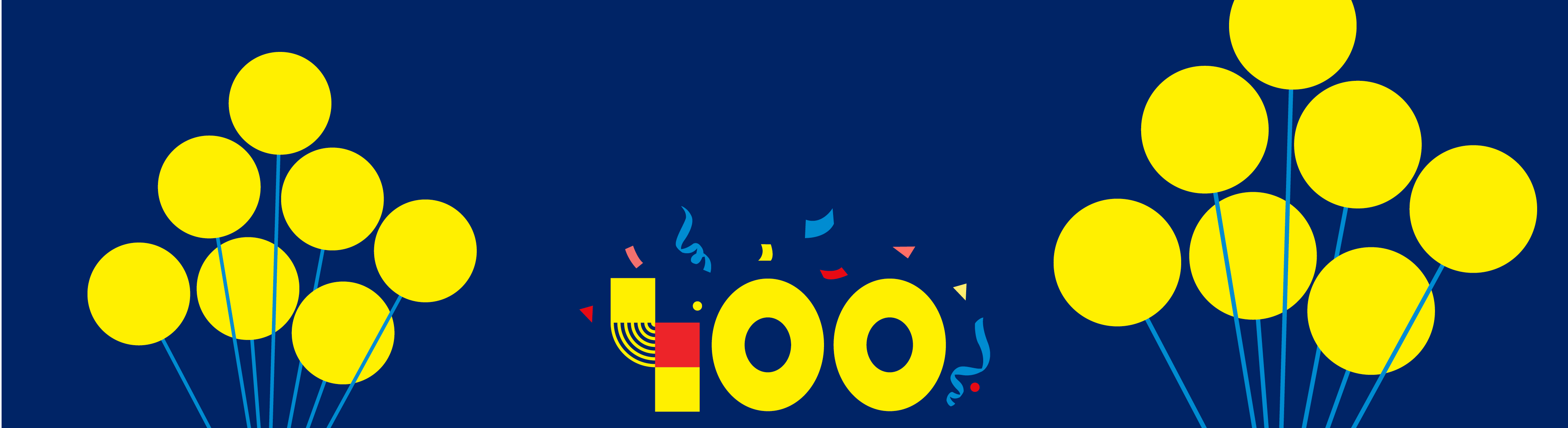Baloane galbene și confetti pe un fundal albastru, cu numărul 100 stilizat în centru.