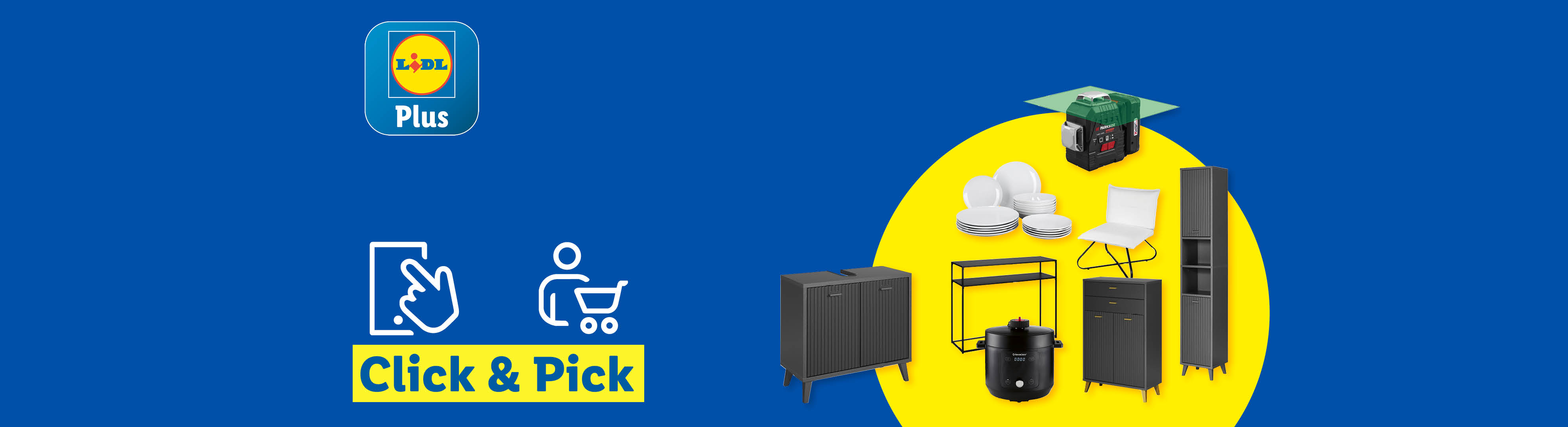 O selecție de produse Lidl, inclusiv mobilier, veselă, un aparat Parkside și un aparat de gătit.