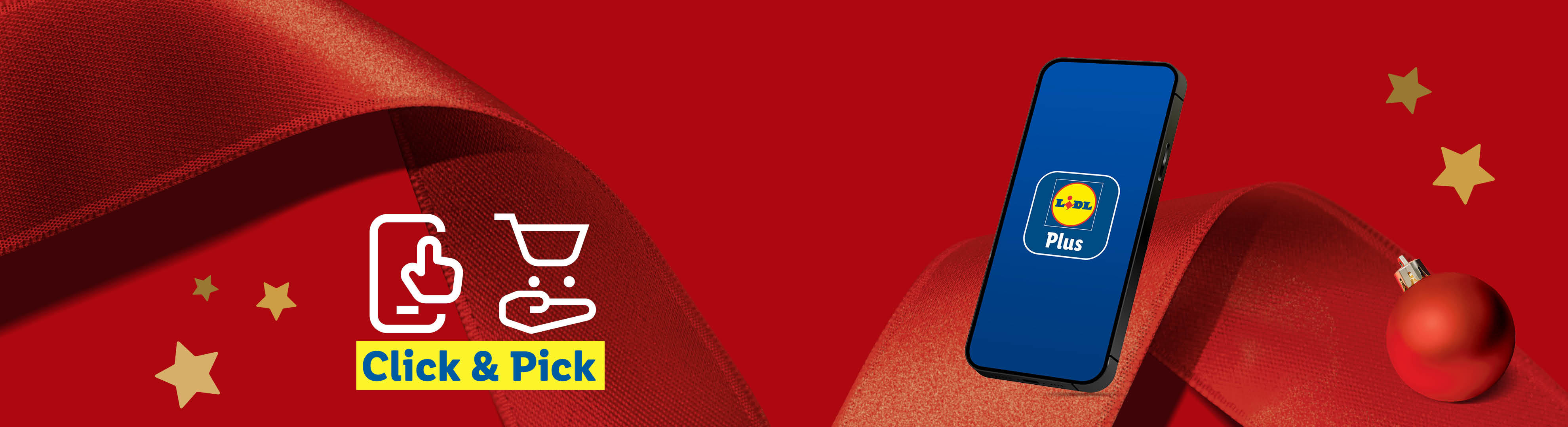 Telefon cu aplicația Lidl Plus, iconițe Click & Pick, fundal roșu cu panglică și decorațiuni de Crăciun.
