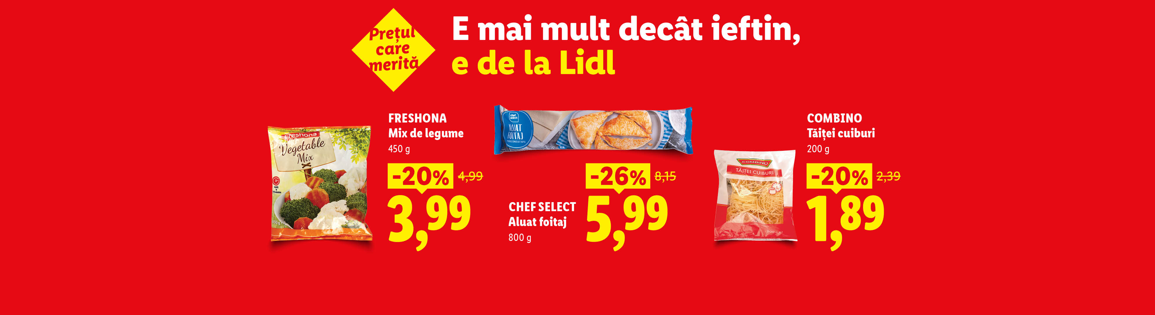 Ofertă Lidl cu mix de legume, aluat foitaj și tăiței cuiburi, cu reduceri de până la 26%.