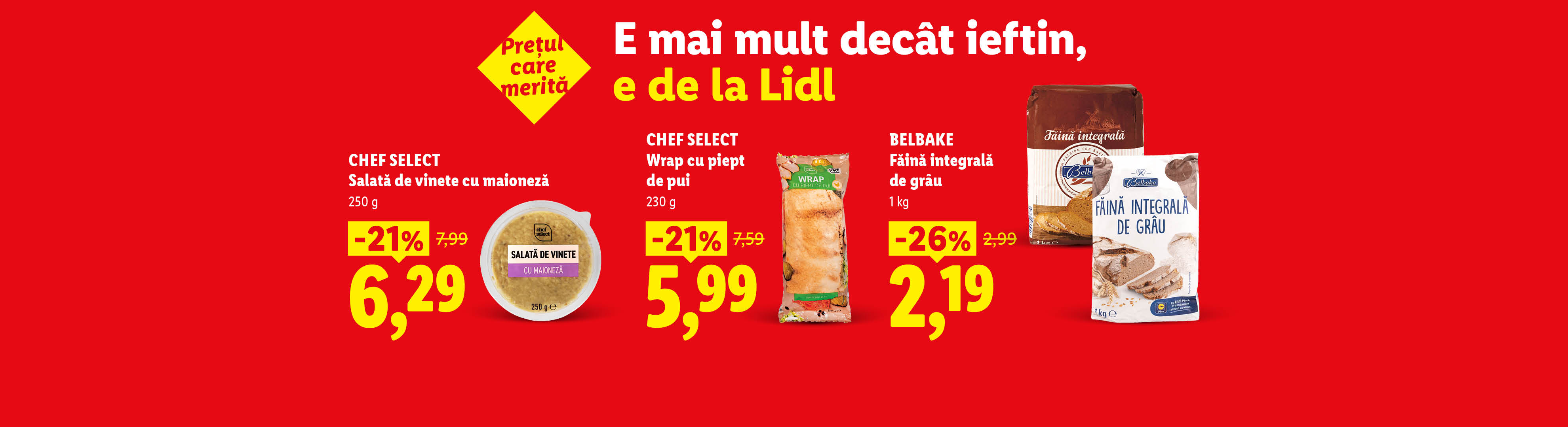 O selecție de produse alimentare, inclusiv salată de vinete, wrap cu pui și făină integrală, cu reduceri de preț.