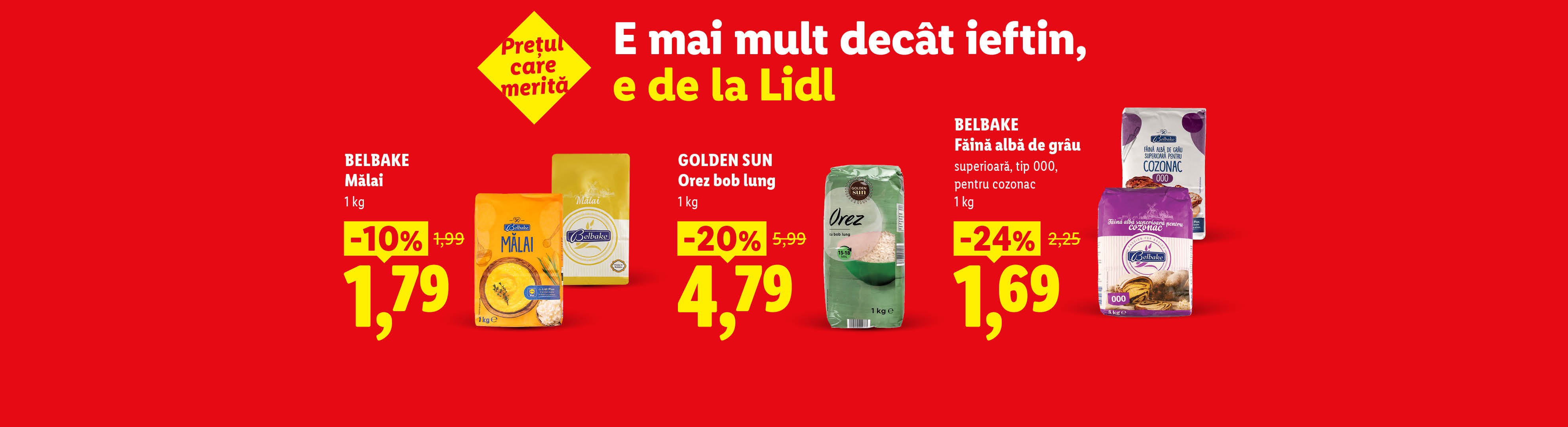 O reclamă Lidl cu prețuri reduse la mălai, orez bob lung și făină albă de grâu pentru cozonac.