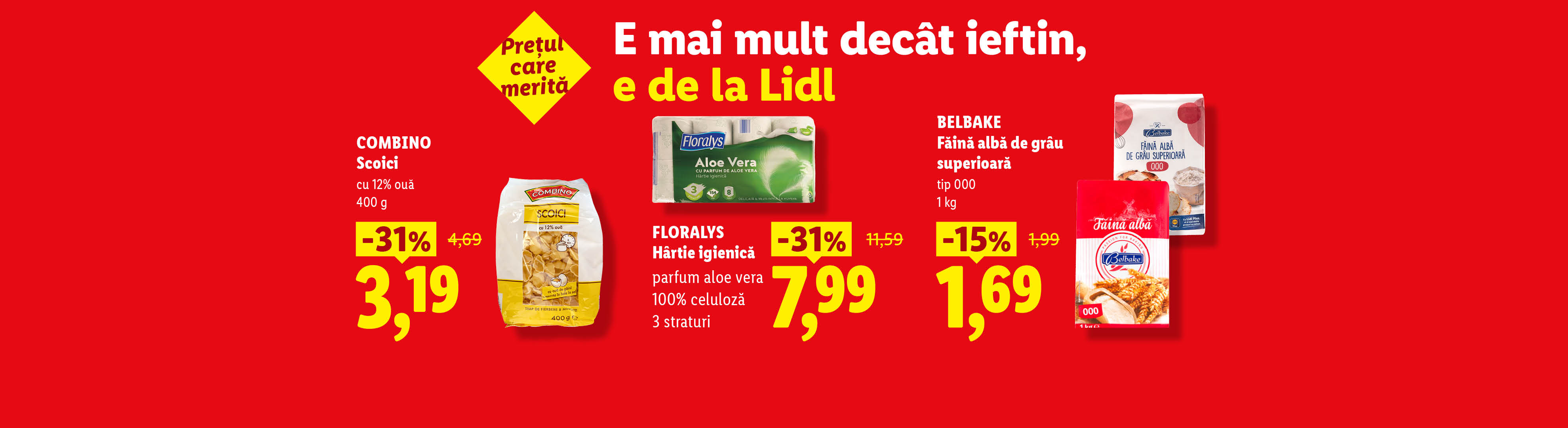 Ofertă specială la Lidl cu paste, hârtie igienică și făină de grâu.
