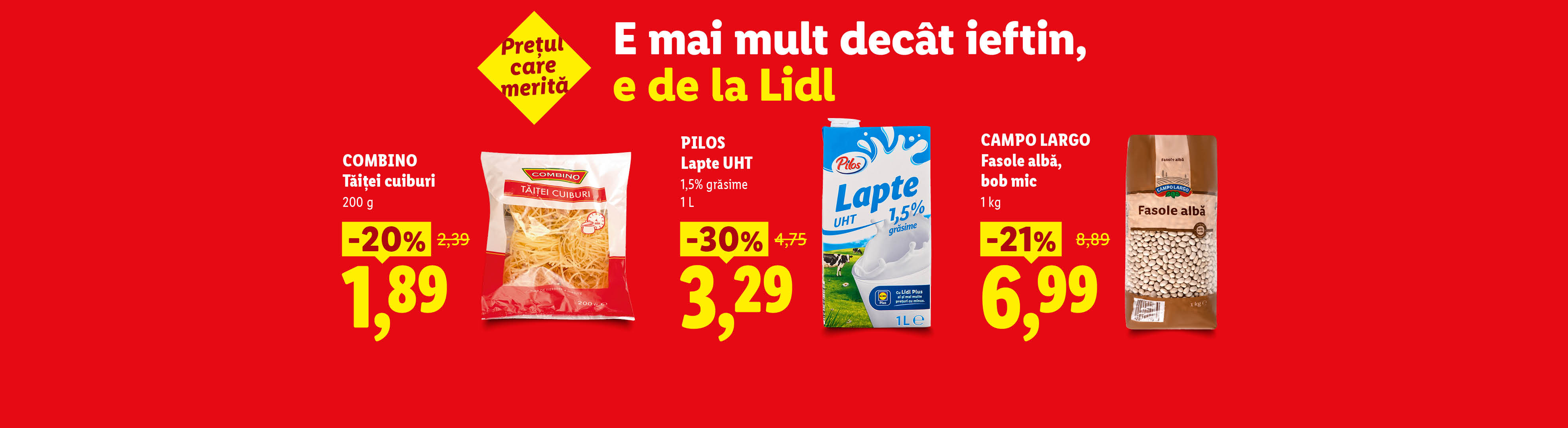 O reclamă Lidl cu tăiței, lapte UHT și fasole albă, cu reduceri de preț.