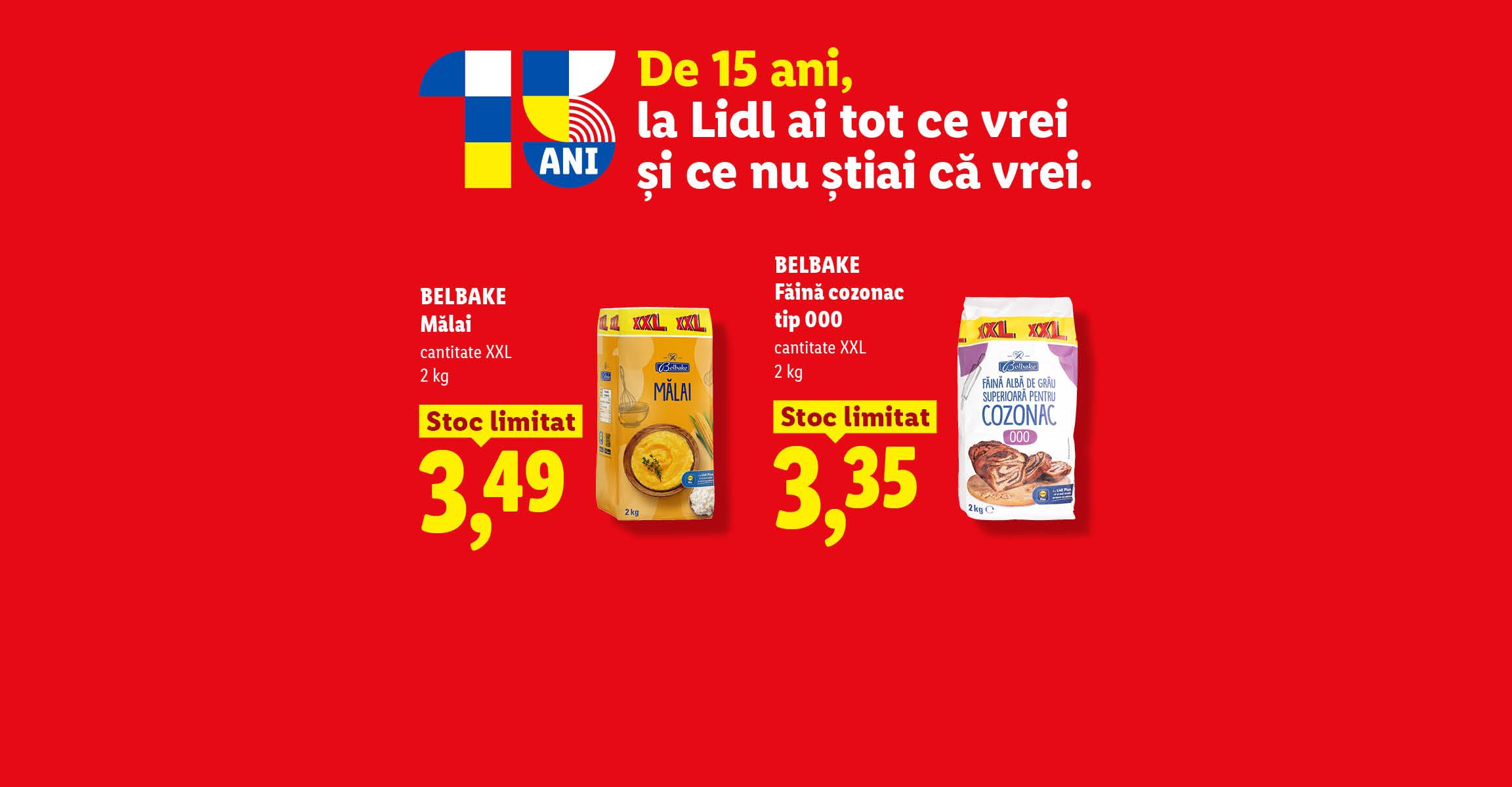 Ofertă aniversară Lidl: mălai, amestec de legume și făină pentru cozonac la prețuri reduse.