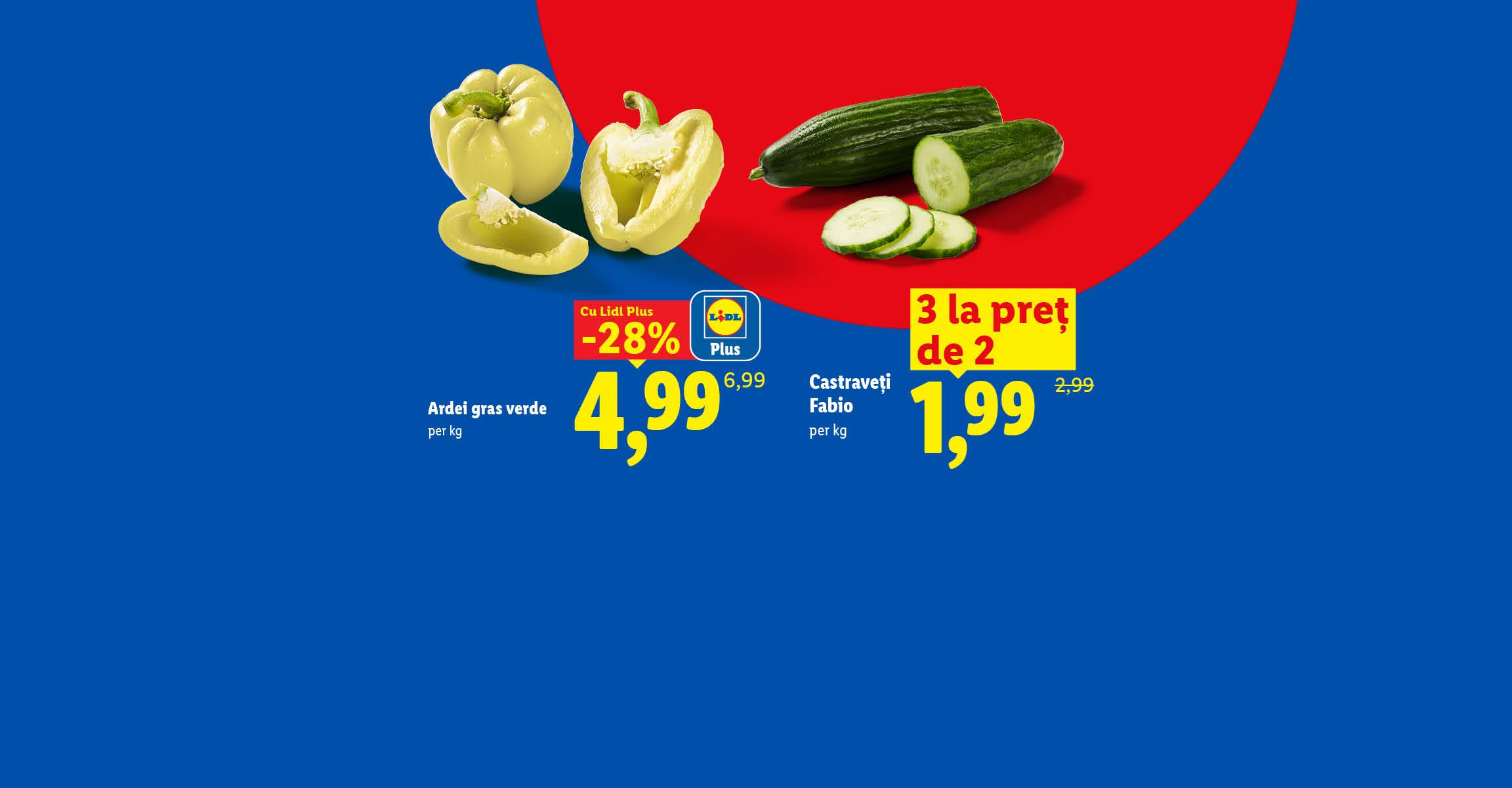 Ardei gras verde și castraveți Fabio, cu oferte speciale: -28% la ardei și 3 la preț de 2 la castraveți.